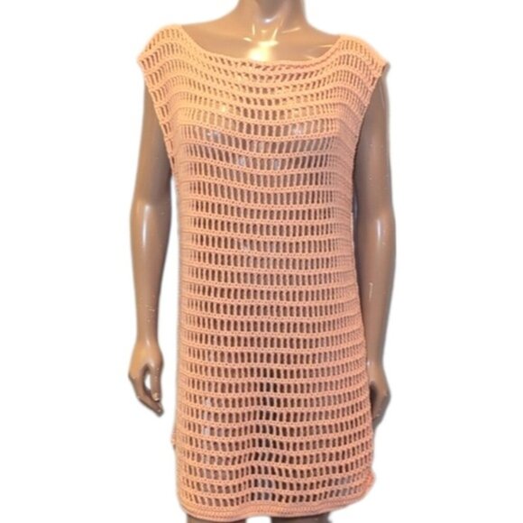 3/$20 Peach Crochet Shell Dress Beach Swim Cover Up Cap Sleeve Sheath Boat Neck - Picture 1 of 11